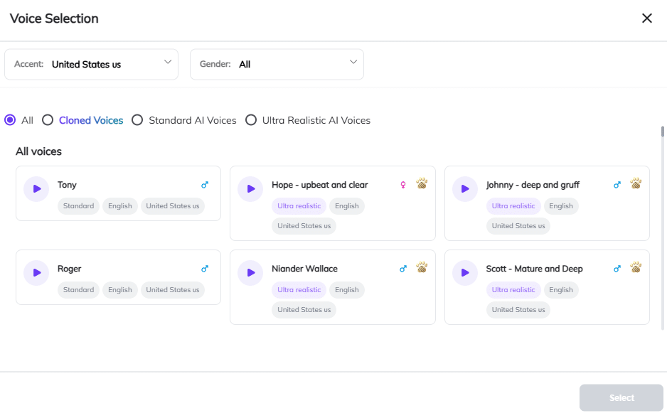 Screenshot of Zebracat’s Voice Selection window. Filters show Accent: United States US and Gender: All with options for All, Cloned Voices, Standard AI Voices, and Ultra Realistic AI Voices. A grid lists voices like Tony, Hope – upbeat and clear, Johnny – deep and gruff, Roger, Niander Wallace, and Scott – Mature and Deep, each with a play button and labels. A grey Select button appears at the bottom, showing how to pick AI voiceovers for Instagram Reels narration.