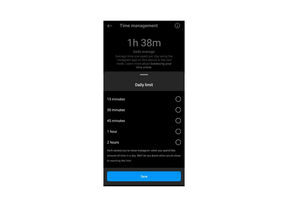 screenshot of Instagram Quiet Mode settings with options to choose daily usage duration, showing how to avoid distractions by controlling Instagram time