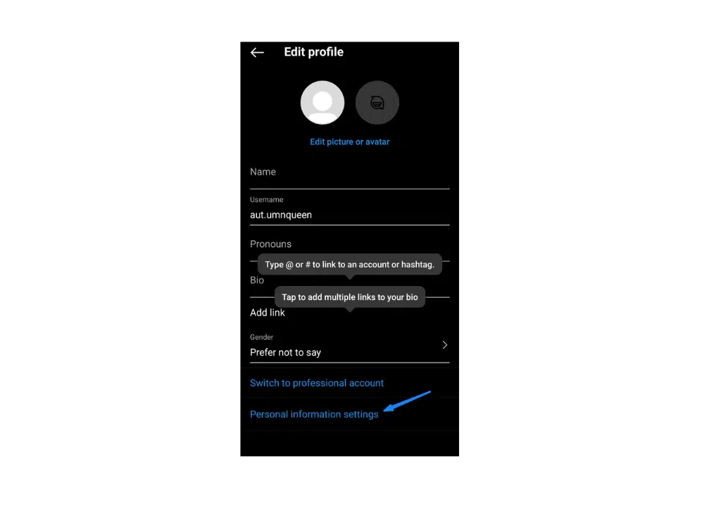 User clicking on the 'Personal Information Settings' option in the Instagram app