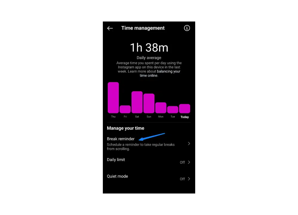 Step-by-step guide on setting a break reminder to avoid Instagram distractions. Click 'break reminder' to manage screen time