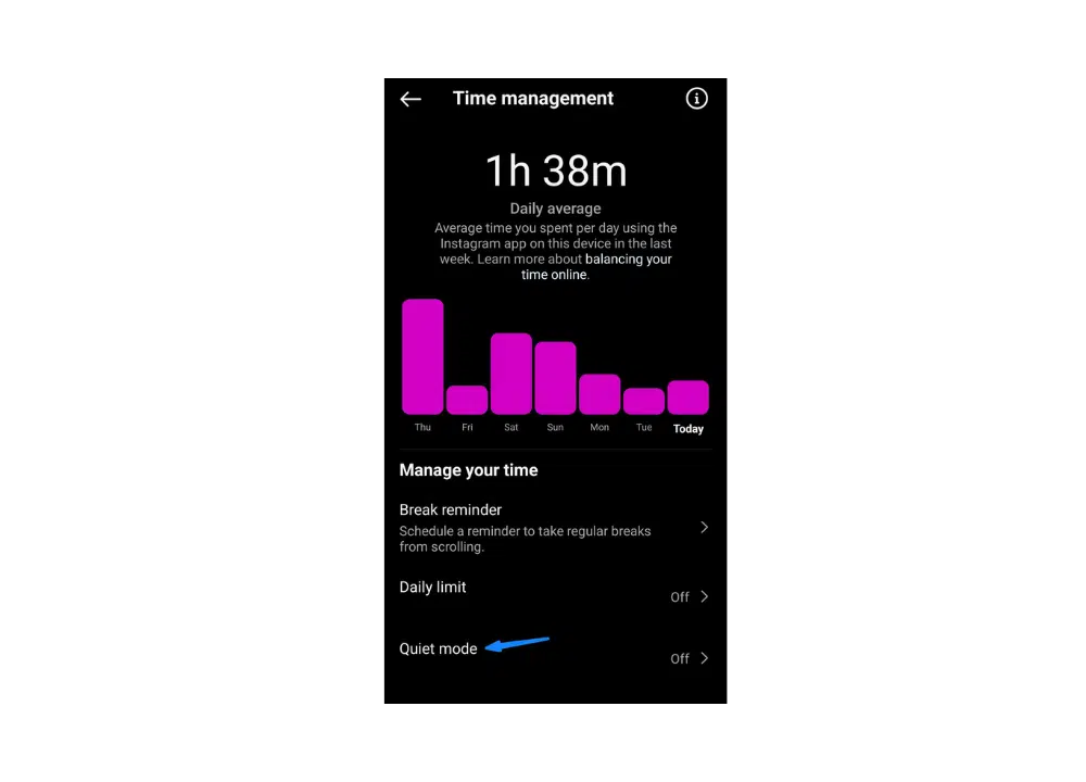 Step-by-step guide on avoiding distractions from Instagram by enabling Quiet Mode, showing how to choose "quiet mode" in settings