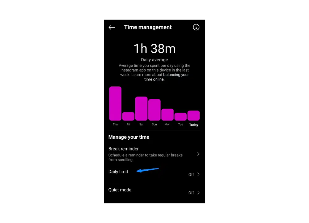 Instructions on avoiding Instagram distractions: enable quiet mode and set a daily limit