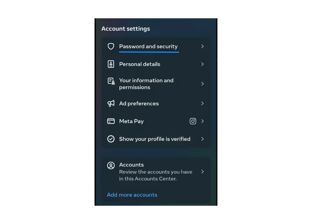 Instagram account settings screen with the option to choose password and security highlighted