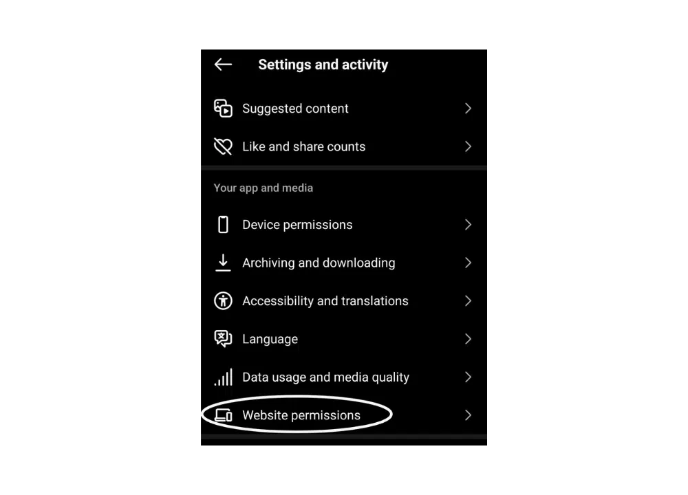 Screenshot showing how to select "Website Permissions" on Instagram settings