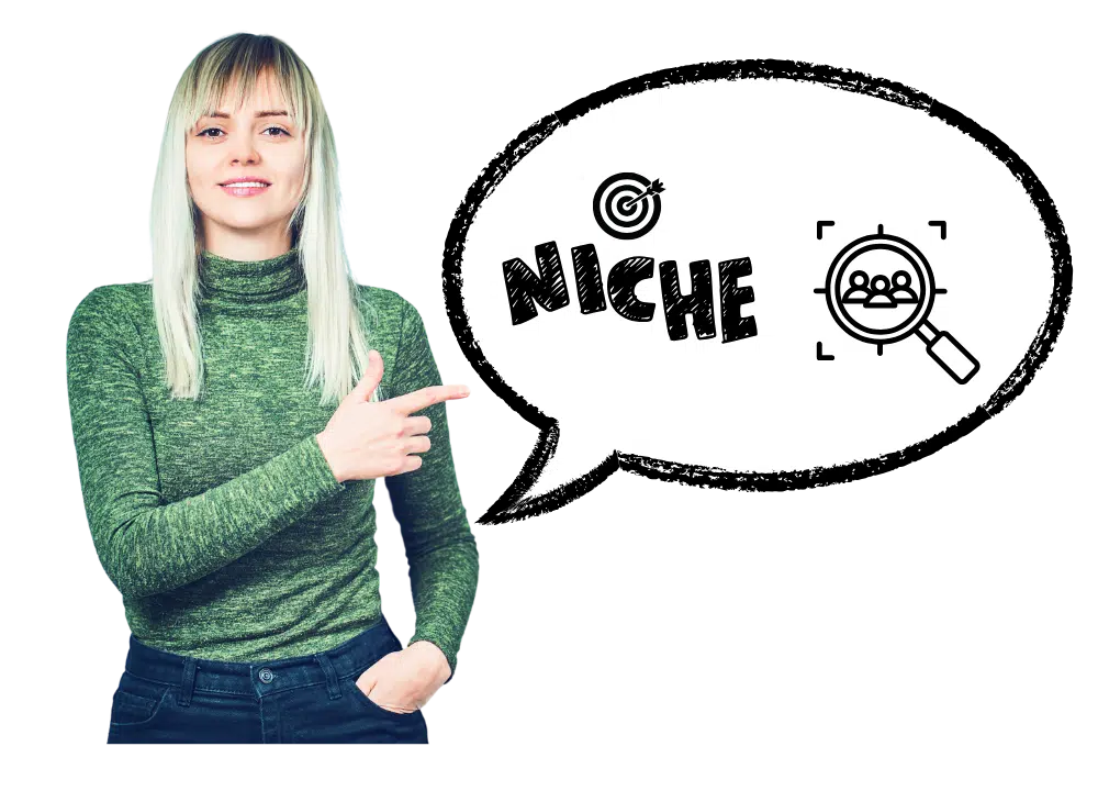 image showing a person choosing a business niche and identifying their target audience with data charts and customer profiles