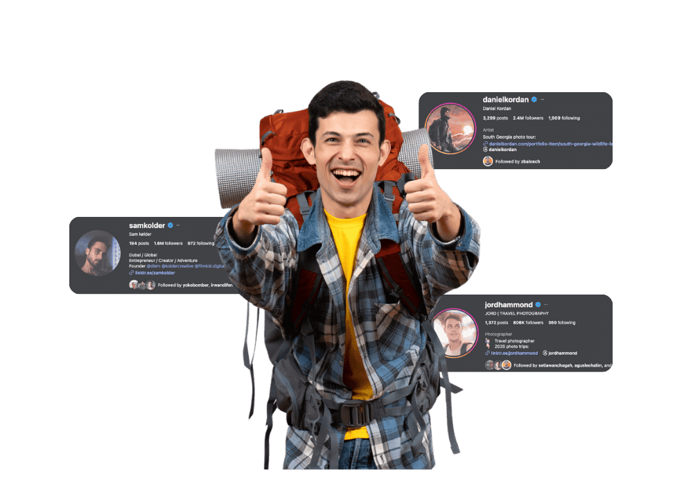 Happy young man with big backpack gives two thumbs up and smiles wide. He wears plaid shirt over yellow t-shirt. Three Instagram profile examples float around him: samkolder with 1.6M followers, travel creator bio; danielkordan artist with 2.4M followers and South Georgia tour; jordhammond travel photographer with 806K followers. Green background. Concept of best adventure Instagram bios for boys, travel influencers, and explorers.
