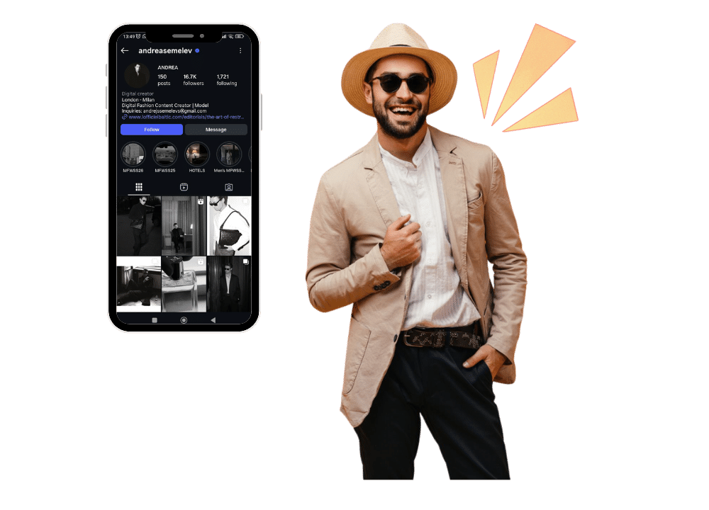 Confident young man in beige blazer, white shirt, hat, and sunglasses smiles and poses with hand on chest. Large smartphone next to him shows Instagram profile of andreaselev, digital creator and model from London-Milan with 16.7K followers. Bio says "Digital creator | Content Creator | Model" with email for inquiries. Profile has black-and-white fashion photos and luxury posts. Orange burst effect behind him on black background. Concept of best stylish and attitude-filled Instagram bios for boys and men in fashion.
