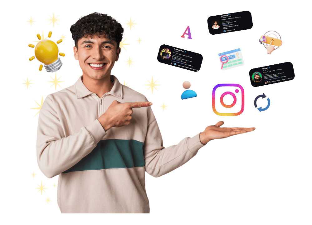 Smiling young man with curly hair in beige and teal polo shirt points at floating Instagram elements. He holds one hand open. Around him are yellow starbursts, lightbulb icon, big Instagram logo, refresh arrow, person icon, and several example bio cards like profiles from Apinkie Co, Krishnayan A, and others with professional bios. Keyboard and rocket emojis also float. Green background. Concept of best tips and ideas to write a perfect Instagram bio for success and growth.
