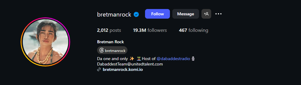 Bretman Rock Instagram profile with 19.3 million followers, fun and confident bio "Do one and only", Hawaiian style profile picture with necklaces, links to talent team and studio, vibrant and attitude-filled bio for stylish boys.