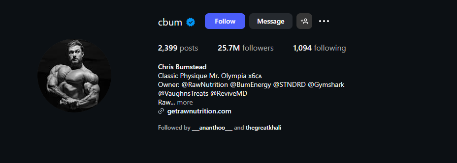 Chris Bumstead CBum Instagram profile with 25.7 million followers, Classic Physique Mr. Olympia winner bio, muscular pose profile picture, gym owner and supplement brand links, ultimate fitness and bodybuilding bio for boys.