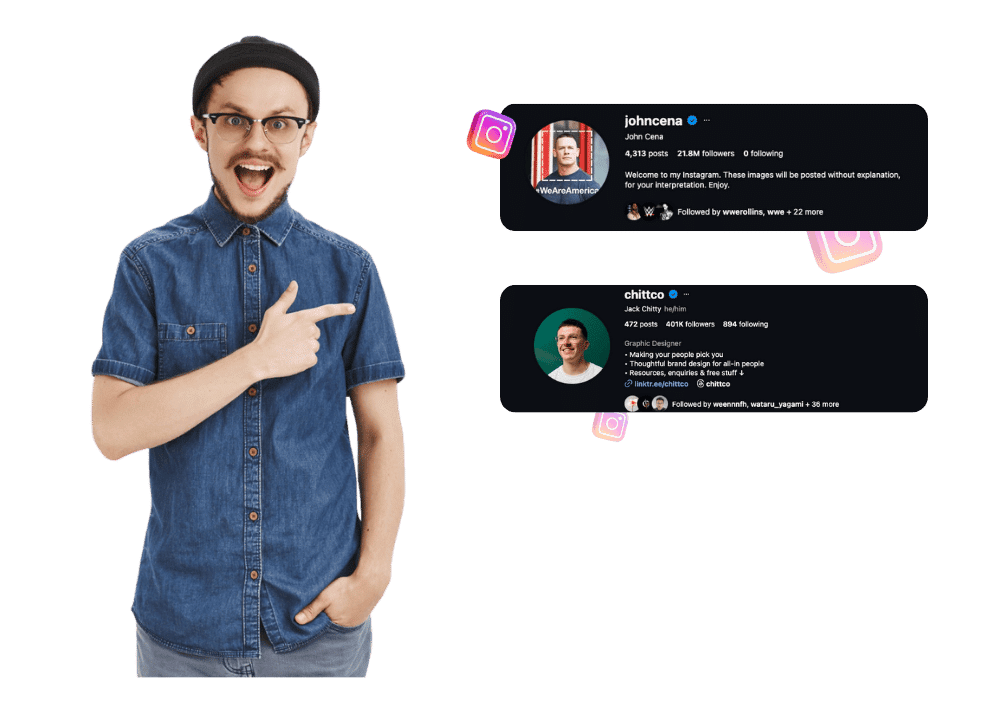 Excited young man in beanie, glasses, and blue denim shirt points at two Instagram profiles. Top profile is johnncena with funny John Cena bio and 21.8M followers. Bottom profile is chittco, graphic designer with cool bio about brand design and resources. Green background with Instagram logos. Concept of cool and creative Instagram bios for boys.
