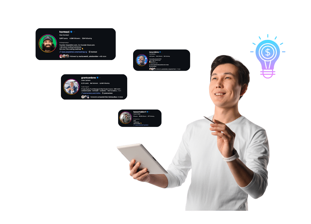 Young Asian man in white long-sleeve shirt smiles and looks inspired while holding tablet and pen. Large glowing lightbulb with dollar sign and blue-pink colors above him. Four Instagram profile cards float around: hormozi (Alex Hormozi) entrepreneur with 4.3M followers, tonyrobbins business coach, grantcardone real estate investor with 4M followers, and hansenvaldorf1 founder. Black background. Concept of powerful entrepreneur Instagram bios for boys, startup founders, and business creators to attract followers and opportunities.
