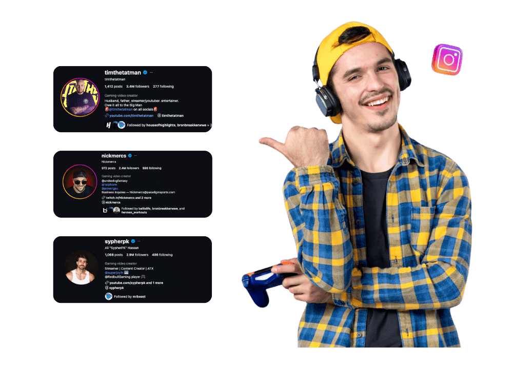 Happy young man in yellow cap, big headphones, and blue-yellow plaid shirt smiles and points thumb at himself while holding gaming controller. Three Instagram profile examples float around him: timthetatman gaming video creator with 3.4M followers and family-man bio, nickmercs with 2M followers and esports links, sypherpk streamer and content creator with 2.5M followers. Instagram logo nearby. Green background. Concept of cool gaming Instagram bios for boys, gamers, streamers, and esports players.
