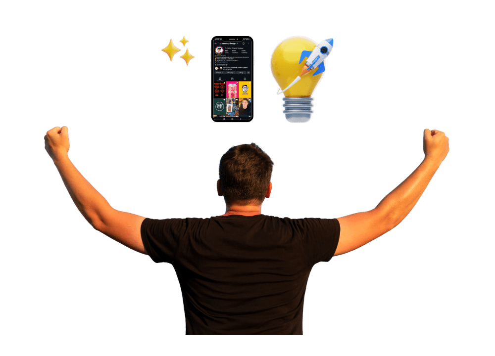 Man from behind raises arms in victory on black background. Smartphone above shows Instagram profile of CJ Cawley graphic designer with colorful posts. Yellow lightbulb with rocket launching and sparkles around it. Concept of inspirational Instagram bios for boys that lead to success and growth.
