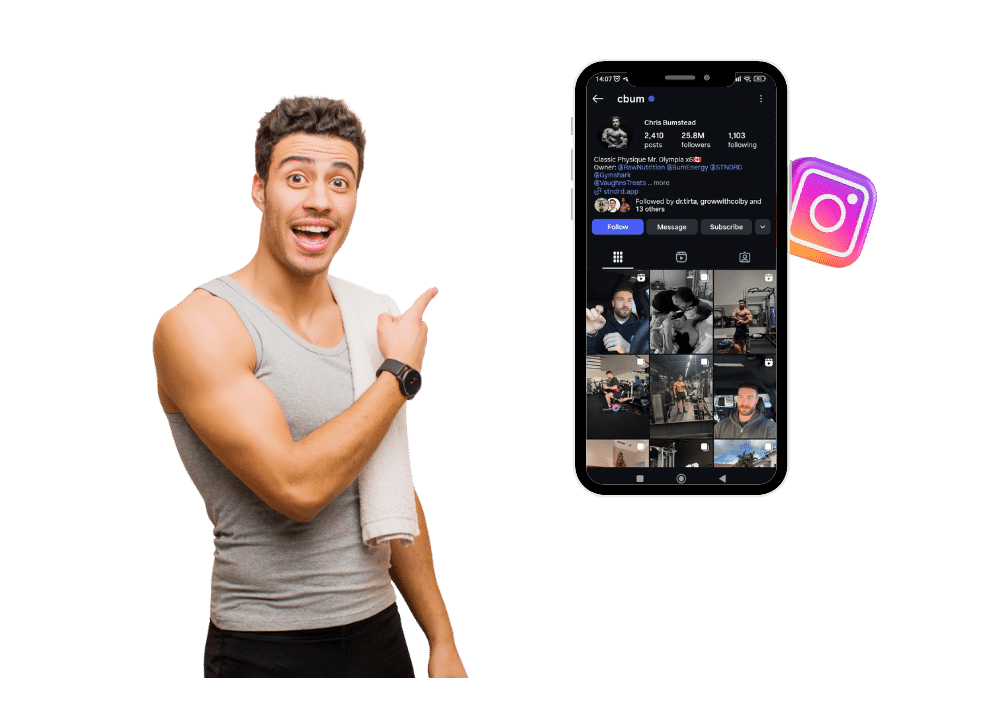 Excited muscular man in gray tank top with towel over shoulder points at large smartphone screen. Phone shows Instagram profile of Chris Bumstead (@cbum) with 25.8M followers, bio as Classic Physique Mr. Olympia winner, gym owner, and links. Profile has fitness workout photos, gym videos, and motivational posts. Instagram logo nearby. Black background. Concept of powerful Instagram bios for fitness enthusiasts, bodybuilders, and gym lovers.
