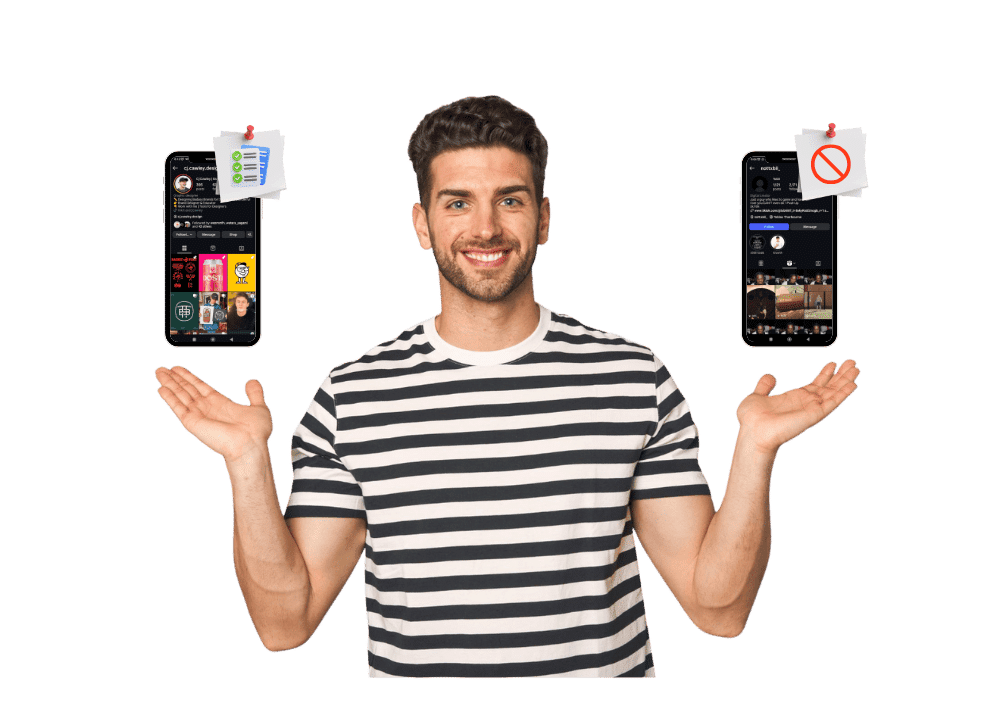 Smiling young man in black and white striped shirt shrugs with open hands, showing confusion or comparison. Two smartphones float above his shoulders: left one is good Instagram bio example from CJ Cawley with checkmarks and pinned notes, right one has red prohibition sign over bad or restricted bio. Green background. Concept of main Instagram bio rules, limitations, what to do and what not to do for profile success.
