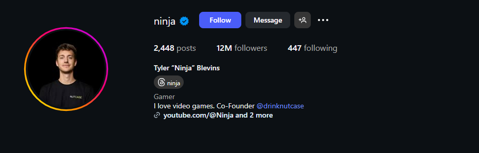 Ninja Tyler Blevins Instagram profile with 12 million followers, simple gamer bio "I love video games", Co-founder of drink brand, colorful gradient profile picture, perfect short gaming bio for boys and streamers.
