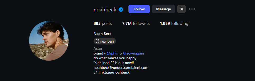 Noah Beck Instagram profile with 7.7 million followers, actor and brand ambassador bio, curly hair profile picture, desert background photo, links to Snapchat and talent agency, cool and stylish bio for young male influencers and actors.