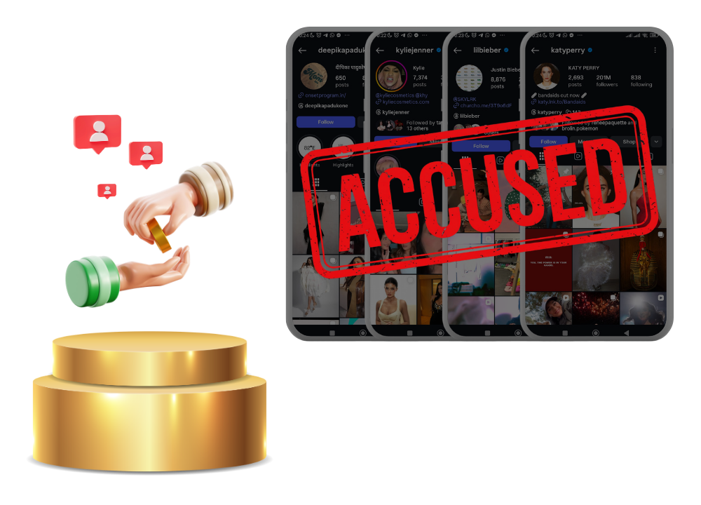 A golden podium with 3D hands trading a coin for red follower icons. Next to it, four phone screens show the Instagram profiles of Deepika Padukone, Kylie Jenner, Justin Bieber, and Katy Perry. A big red ACCUSED stamp covers the phone screens, highlighting famous celebrities accused of buying fake Instagram followers.